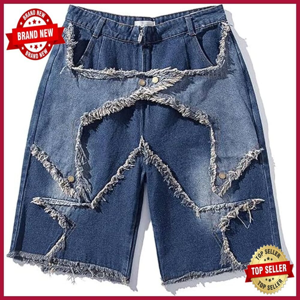 Women's Denim Shorts Y2K Star Patch Baggy Jorts Elastic Waist Casual